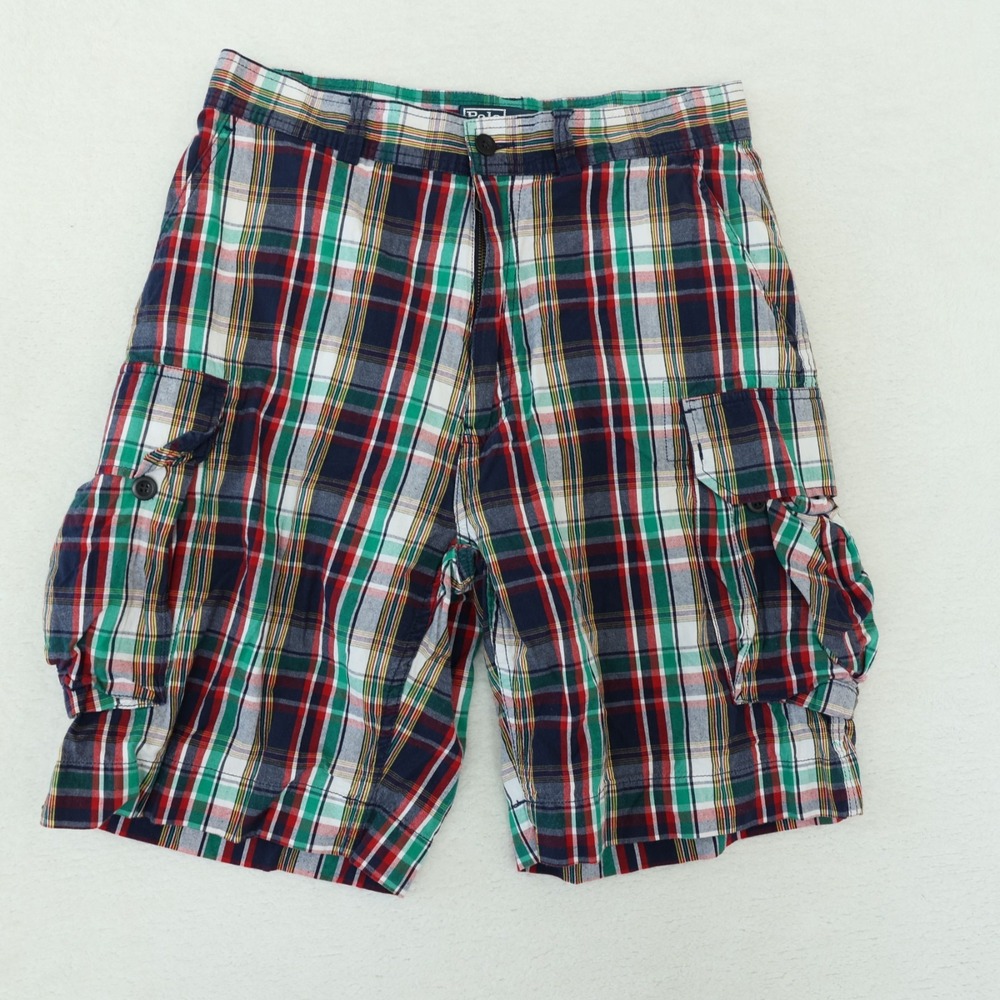Vintage Polo Ralph‎ Lauren Cargo Shorts Mens 33 Multi Madras Plaid 9" VTG 90s